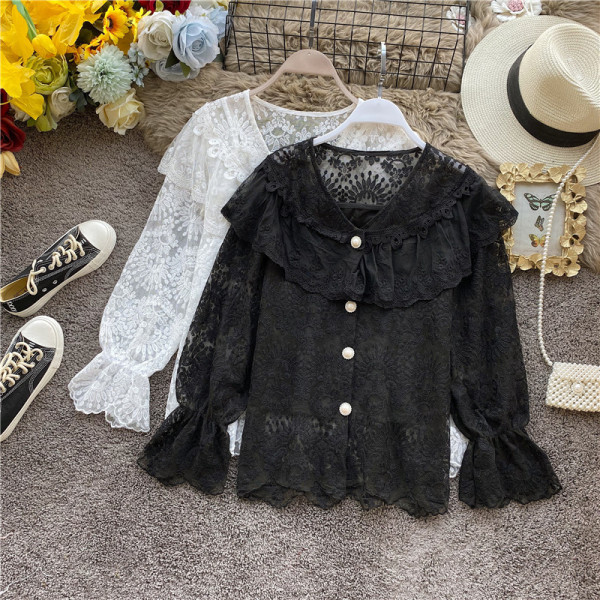 Női ing gombokkal és hímzéssel fehér, fekete és bézs színben