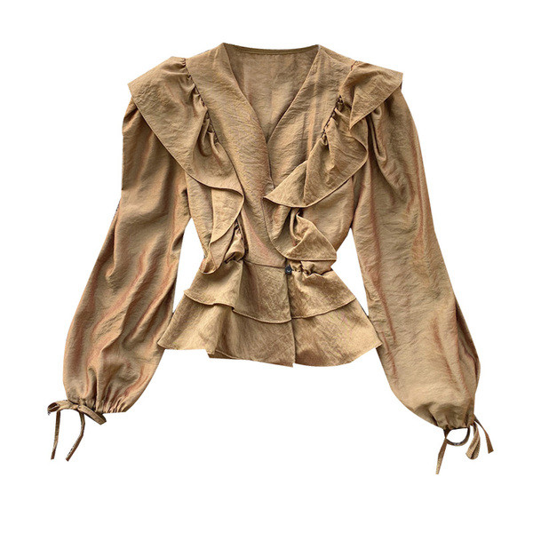 Női ing spitz nyakkivágással és ujjkötős bézs, fehér, fekete és barna színben