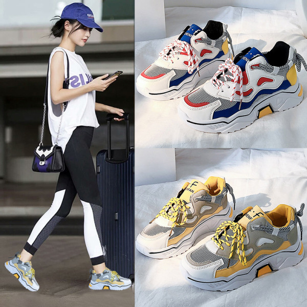 Alkalmi női tornacipő színes kék és sárga nyakkendőkkel