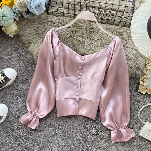 Cămașă de damă în stil retro în cinci culori, cu mâneci largi și nasturi