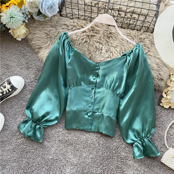 Cămașă de damă în stil retro în cinci culori, cu mâneci largi și nasturi