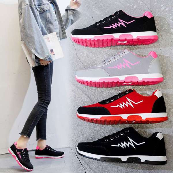 Női alkalmi sportcipő lapos talppal, fekete, szürke és piros színben