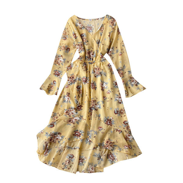 Modern női ruha virágos jobb oldali aszimmetrikus mintával, sárga és fekete színben