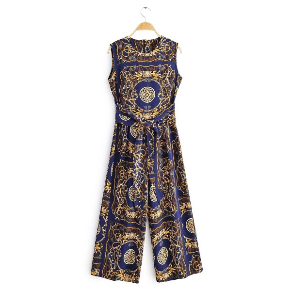 Divatos női ujjatlan kombiné derékkötővel, kék színben, mintás mintával