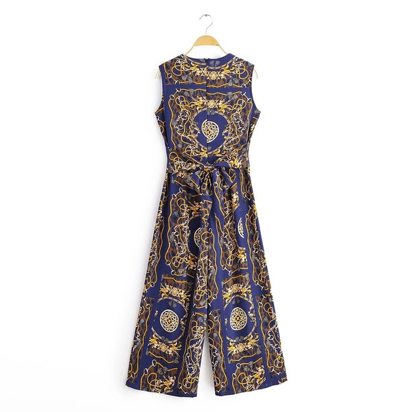 Divatos női ujjatlan kombiné derékkötővel, kék színben, mintás mintával