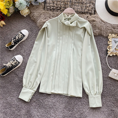 Μοντέρνο γυναικείο πουκάμισο με υψηλό κολάρο και μακρύ μανίκι σε τέσσερα χρώματα