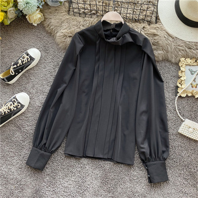 Μοντέρνο γυναικείο πουκάμισο με υψηλό κολάρο και μακρύ μανίκι σε τέσσερα χρώματα