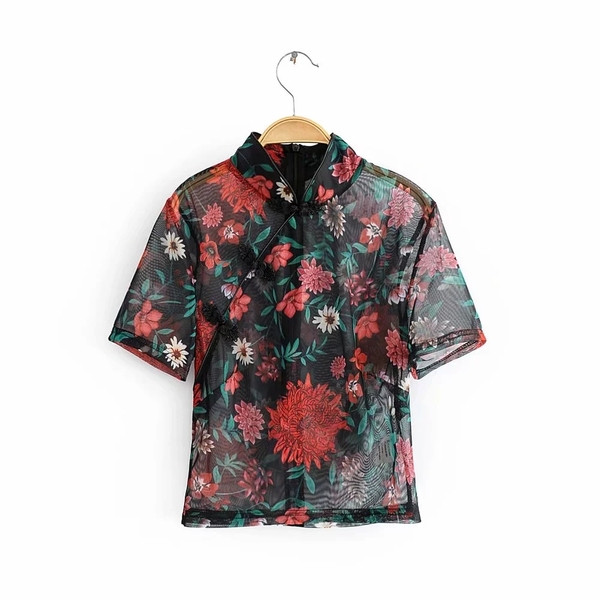 Bluză scurtă transparentă cu guler polo și mâneci scurte cu model negru și floral