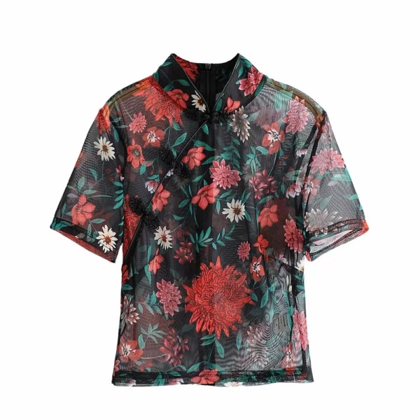 Bluză scurtă transparentă cu guler polo și mâneci scurte cu model negru și floral