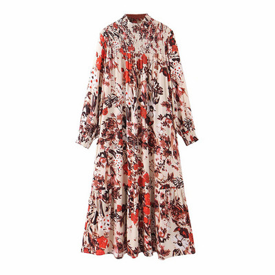 Hosszú, fehér és virágmintás ruha modell elasztikus pólógallérral