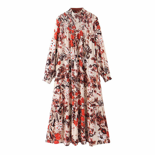 Hosszú, fehér és virágmintás ruha modell elasztikus pólógallérral