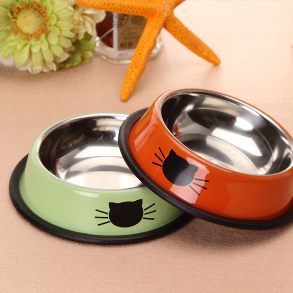 Комплект от 2 броя купи за храна и вода от неръждаема стомана за котки в зелен, сребрист и оранжев цвят 
