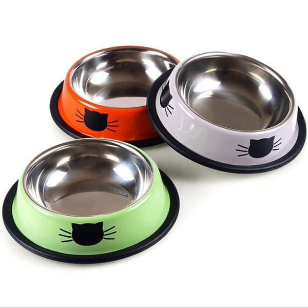 Zöld, ezüst és narancssárga rozsdamentes acél etető- és vizestálca készlet macskáknak