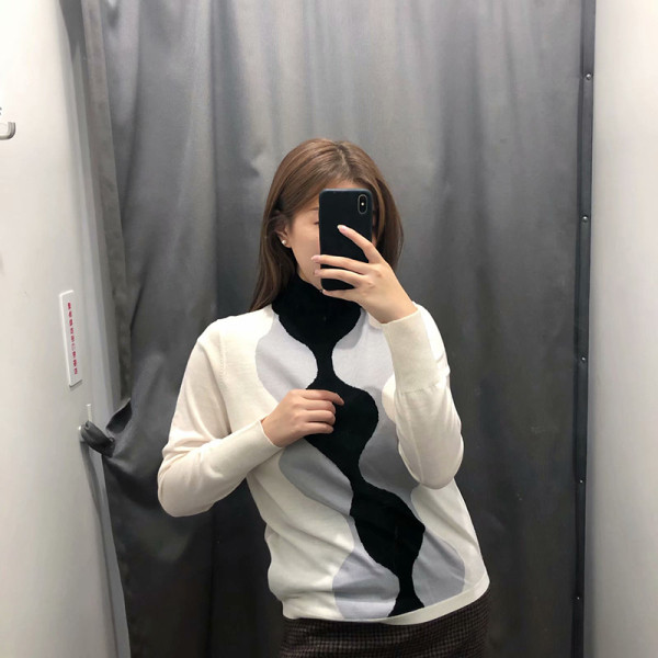 Γυναικείο Slim πλεκτό πουλόβερ σεr μαύρο, λευκό και κόκκινο χρώμα