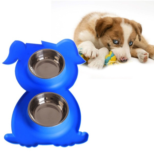 Vásároljon ételt és vizet rozsdamentes acélból, csúszásgátló betéttel, kutya alakú kék és fekete színben