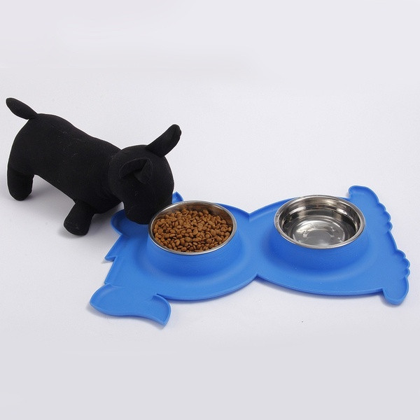 Vásároljon ételt és vizet rozsdamentes acélból, csúszásgátló betéttel, kutya alakú kék és fekete színben