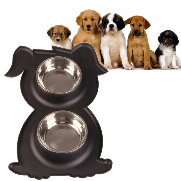 Купи за храна и вода от неръждаема стомана с нехлъзгаща се подложка във формата на куче в син и черен цвят 