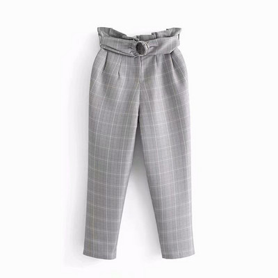 Pantaloni de dama in carouri cu talie inalta si curea de culoare gri