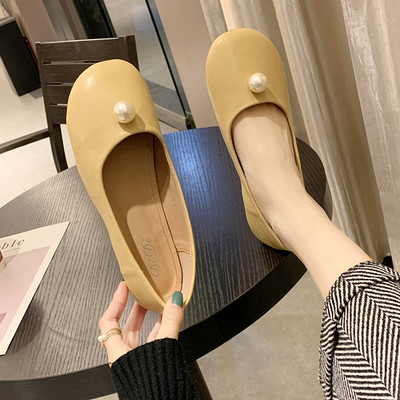 Pantofi casual dama cu talpa plate si perle in galben si maro