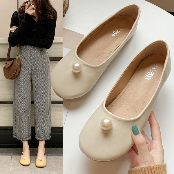 Pantofi casual dama cu talpa plate si perle in galben si maro