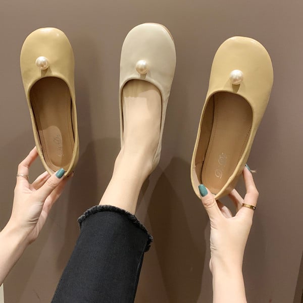 Pantofi casual dama cu talpa plate si perle in galben si maro