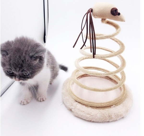 Spirális játék macskáknak, tetején bézs színű ugróegérrel
