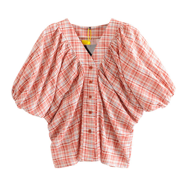 Lezser rövid kockás ing gombokkal és rövid ujjú piros színben