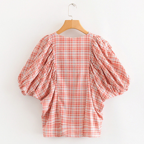 Lezser rövid kockás ing gombokkal és rövid ujjú piros színben