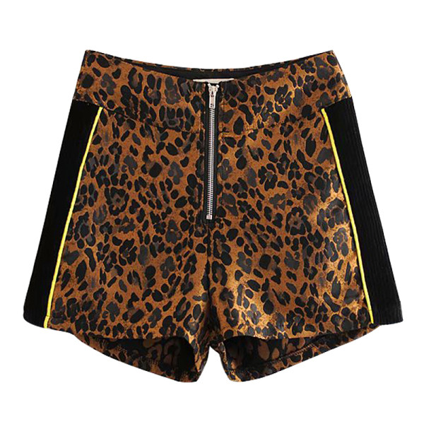 Modern, magas derekú rövidnadrág cipzárral és leopárd mintával