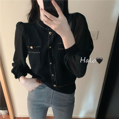 Női testhezálló kötött blúz gombokkal és ujjakkal tüllből fehér, fekete és rózsaszín színben