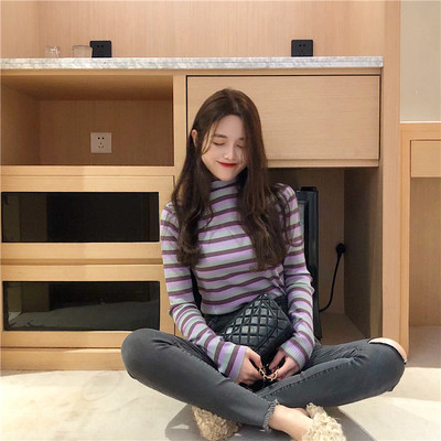 Női kötött csíkos póló narancssárga, sárga és lila színben