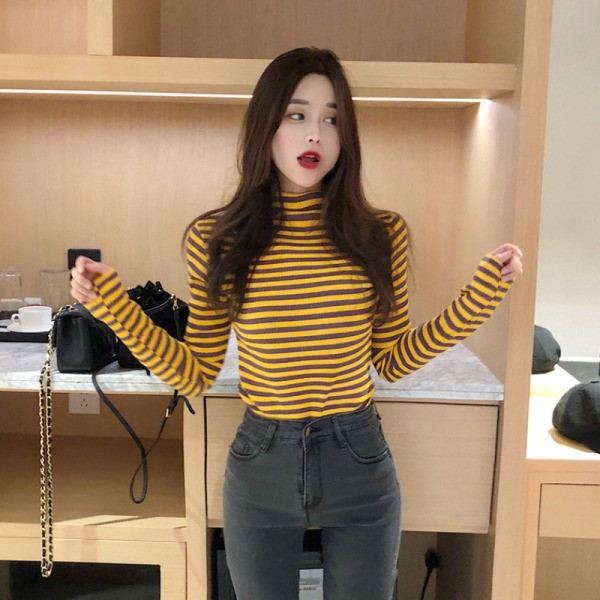 Női kötött csíkos póló narancssárga, sárga és lila színben