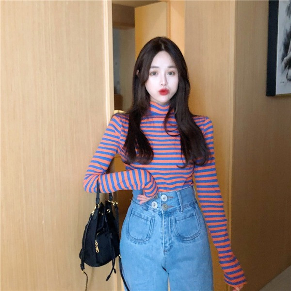 Női kötött csíkos póló narancssárga, sárga és lila színben