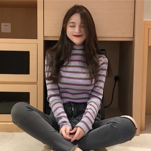 Női kötött csíkos póló narancssárga, sárga és lila színben