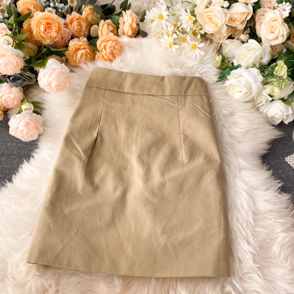 Paprastas moteriškas sijonas aukštu juosmeniu ir smėlio bei juodos spalvos kišenėmis