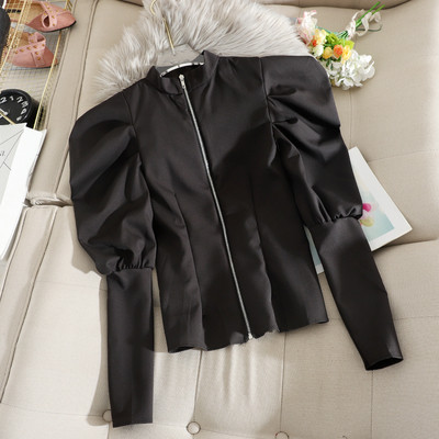 Пролетно дамско сако с буфан ръкави и цип в черен, червен, кафяв, бежов и бял цвят