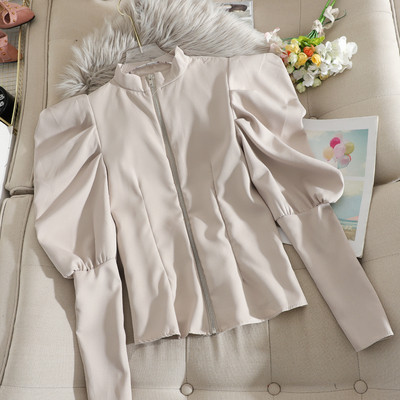 Пролетно дамско сако с буфан ръкави и цип в черен, червен, кафяв, бежов и бял цвят