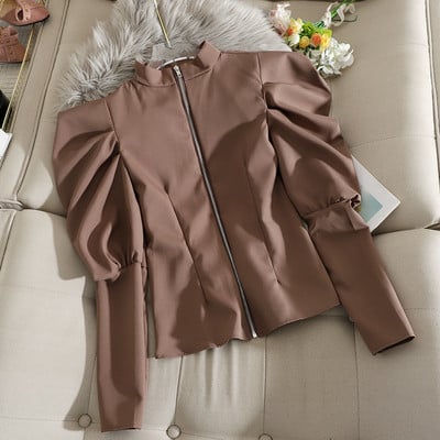 Пролетно дамско сако с буфан ръкави и цип в черен, червен, кафяв, бежов и бял цвят