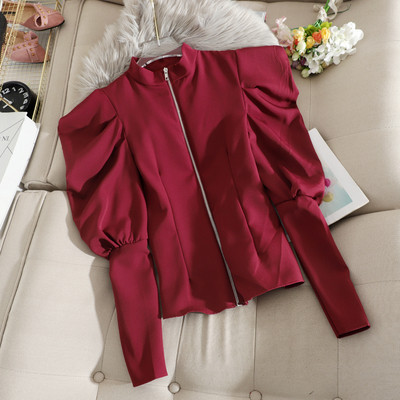 Пролетно дамско сако с буфан ръкави и цип в черен, червен, кафяв, бежов и бял цвят