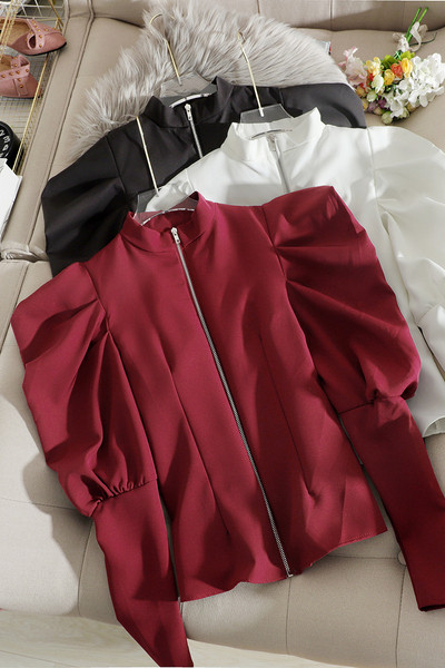 Пролетно дамско сако с буфан ръкави и цип в черен, червен, кафяв, бежов и бял цвят