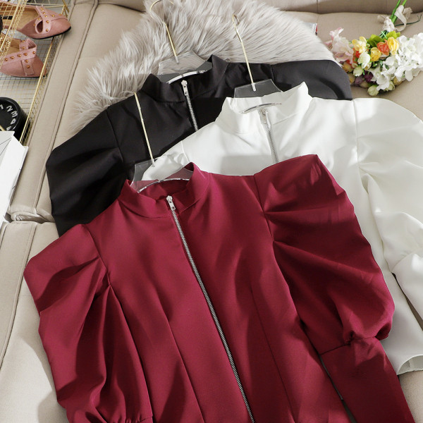 Пролетно дамско сако с буфан ръкави и цип в черен, червен, кафяв, бежов и бял цвят