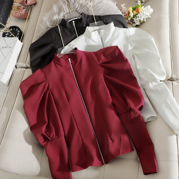 Пролетно дамско сако с буфан ръкави и цип в черен, червен, кафяв, бежов и бял цвят