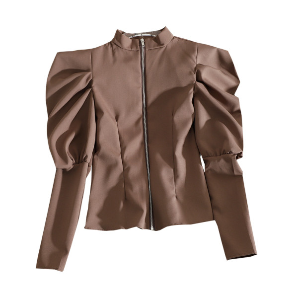 Пролетно дамско сако с буфан ръкави и цип в черен, червен, кафяв, бежов и бял цвят