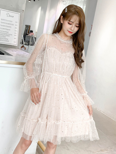 Къса елегантна рокля от тюл в син и розов цвят с пайети