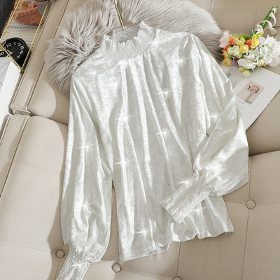 Įvairių spalvų moteriška laisvalaikio aksominė palaidinė aukšta apykakle