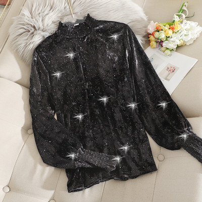 Įvairių spalvų moteriška laisvalaikio aksominė palaidinė aukšta apykakle