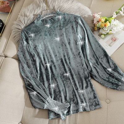 Įvairių spalvų moteriška laisvalaikio aksominė palaidinė aukšta apykakle