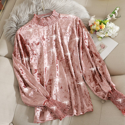 Ежедневна дамска блуза от кадифе с висока яка в различни цветове