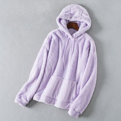 Плюшен пуловер с качулка и джоб в розов, лилав, черен, червен, бежов и кафяв цвят