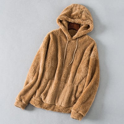 Плюшен пуловер с качулка и джоб в розов, лилав, черен, червен, бежов и кафяв цвят